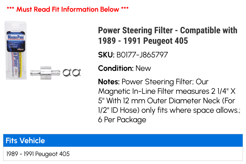 Power Steering Filter - Compatible with 1989 - 1991 Peugeot 405 1990