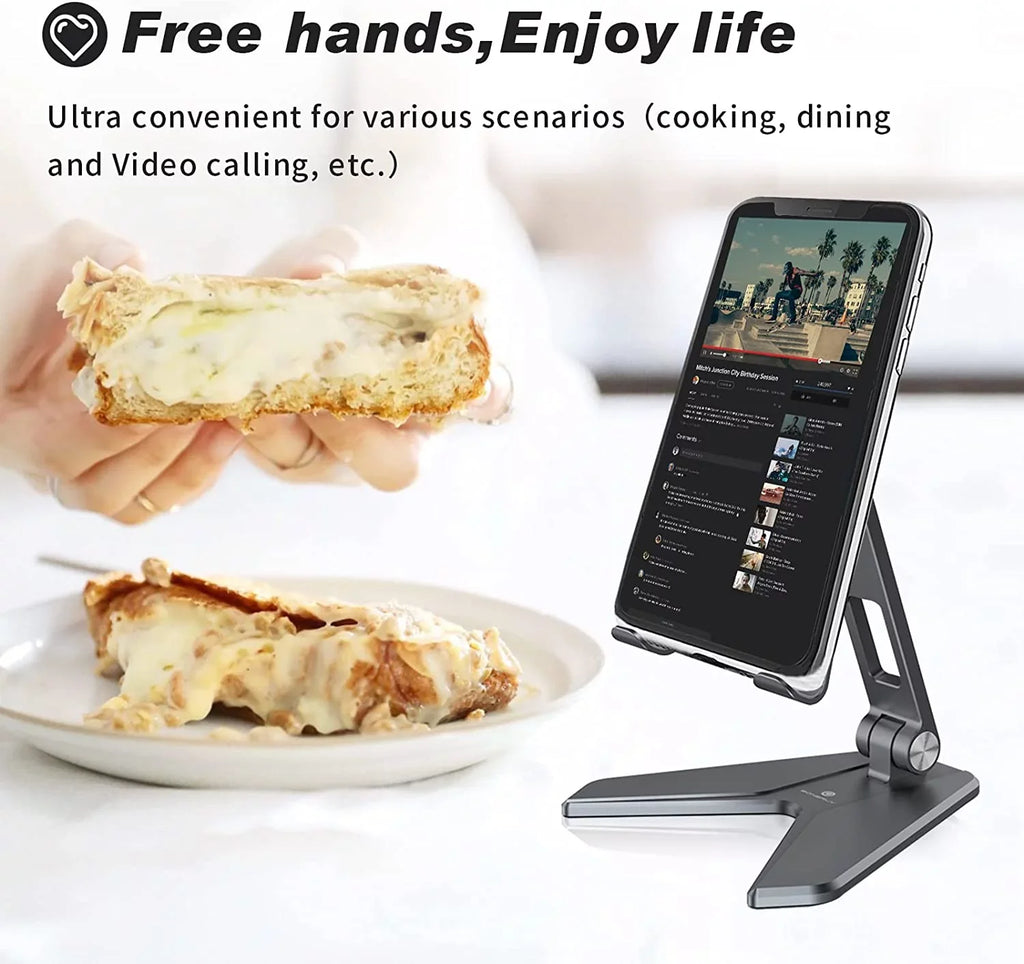 Foldable Mobile Phone Stand Holder, Can Reduce Neck Fatigue and Pain, Thickened Aluminum Desktop Stand Compatible with All Mobile Phones, iPhone, Desktop Accessories 4-8'' (Grey)