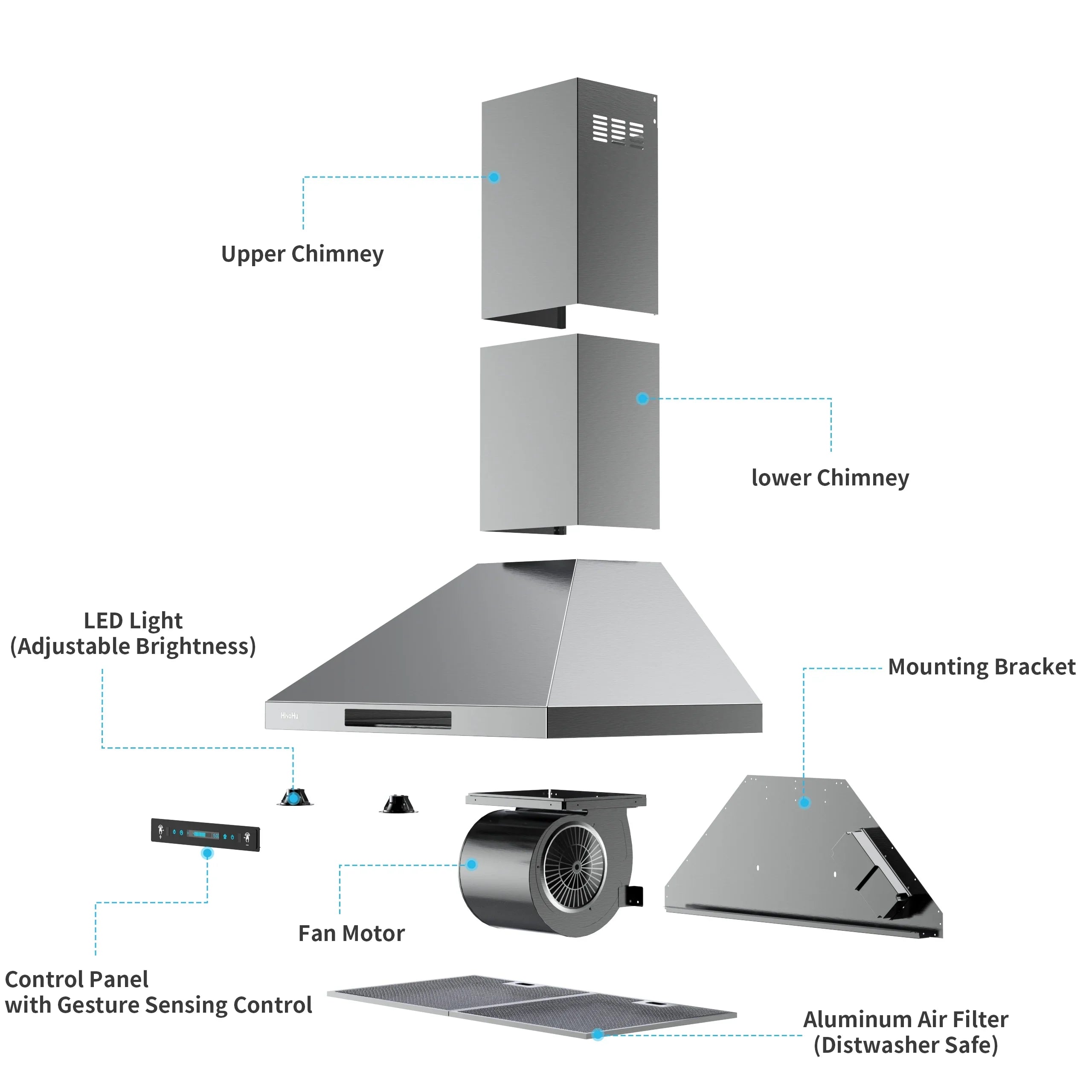 HisoHu Wall Mount Kitchen Hood Range Hoods with Ducted/Ductless Convertible Duct, 36 Inch 780 CFM Stainless Steel Vent Hood, 4 Speed Gesture Sensing Exhaust Hood with Dimmable LED lights(A02-36")