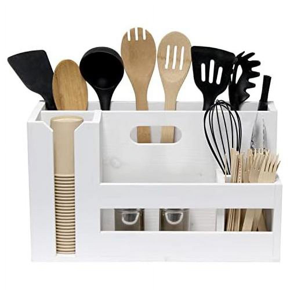 Pantry Picks Farmhouse Wooden Flatware & Utensils Caddy Condiment Organizer W Cutout Handle & Compartments For Kitchen Décor Countertop Breakfast BBQ Events Picnic, Wht Wash