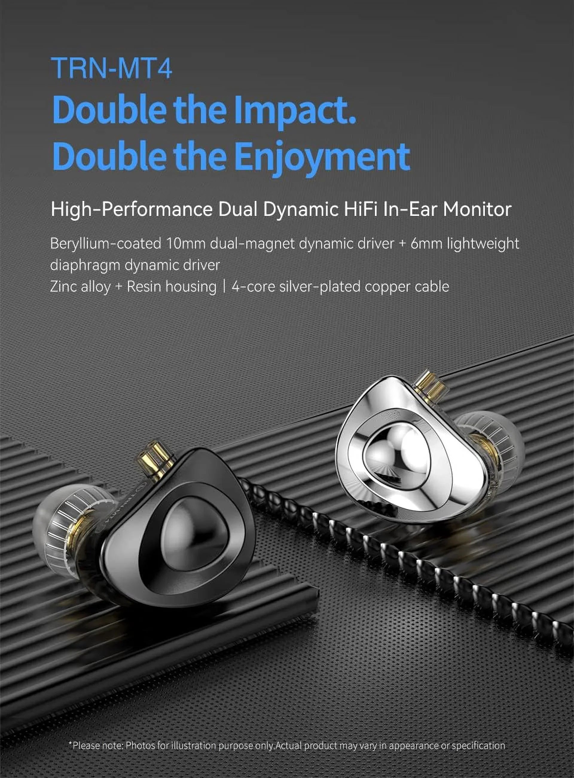 Kinboofi TRN MT4 in Ear Monitor Headphone, 10mm Dual Magnet Dyna Drive Earphone with 4-core Silver-Plated Copper