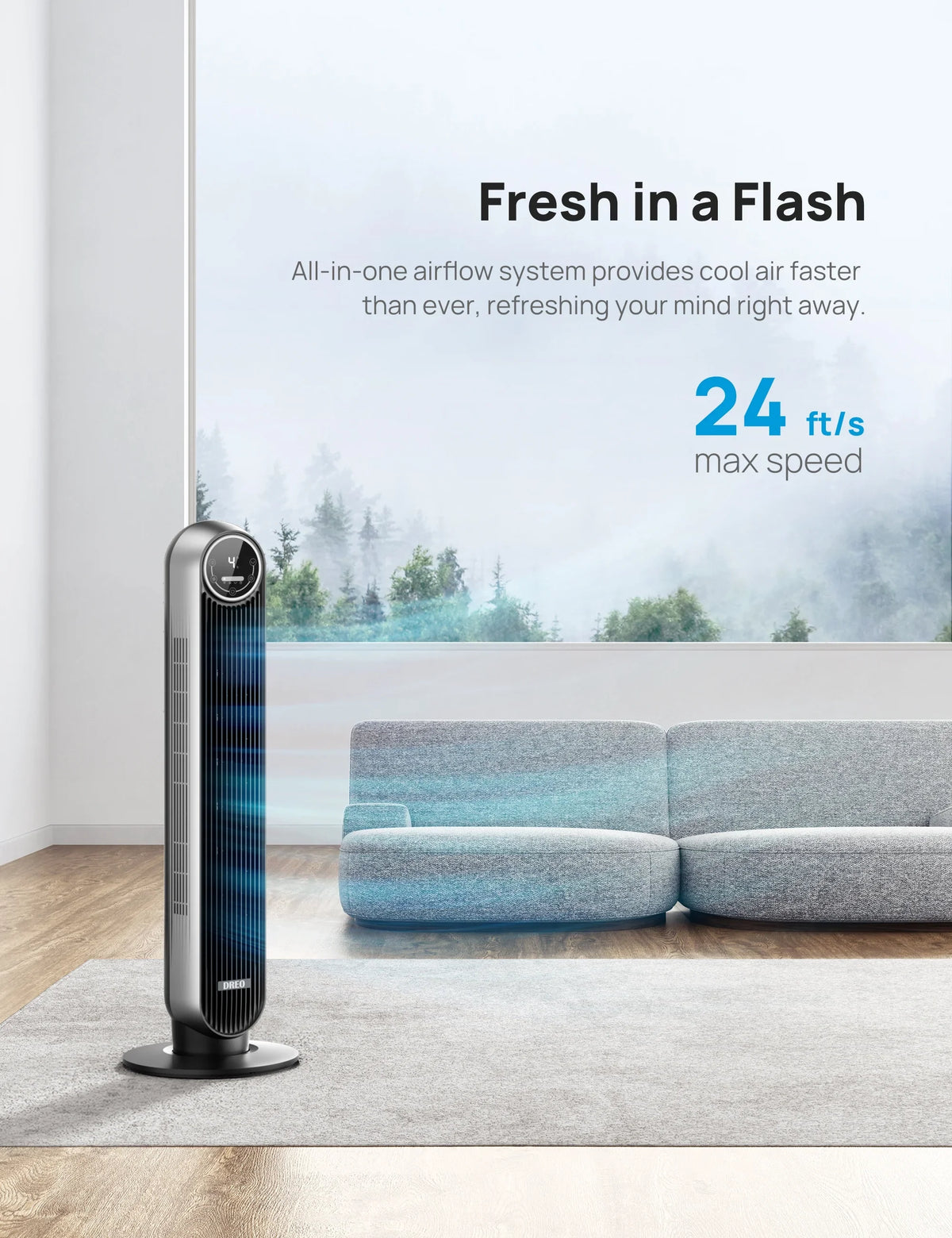 Dreo Tower Fan for Bedroom, Smart Oscillating Quiet Floor Fans, Standing Bladeless Fan with Remote and WiFi Voice Control, 4 Modes, 4 Speeds, 8H Timer, Works with Alexa/Google