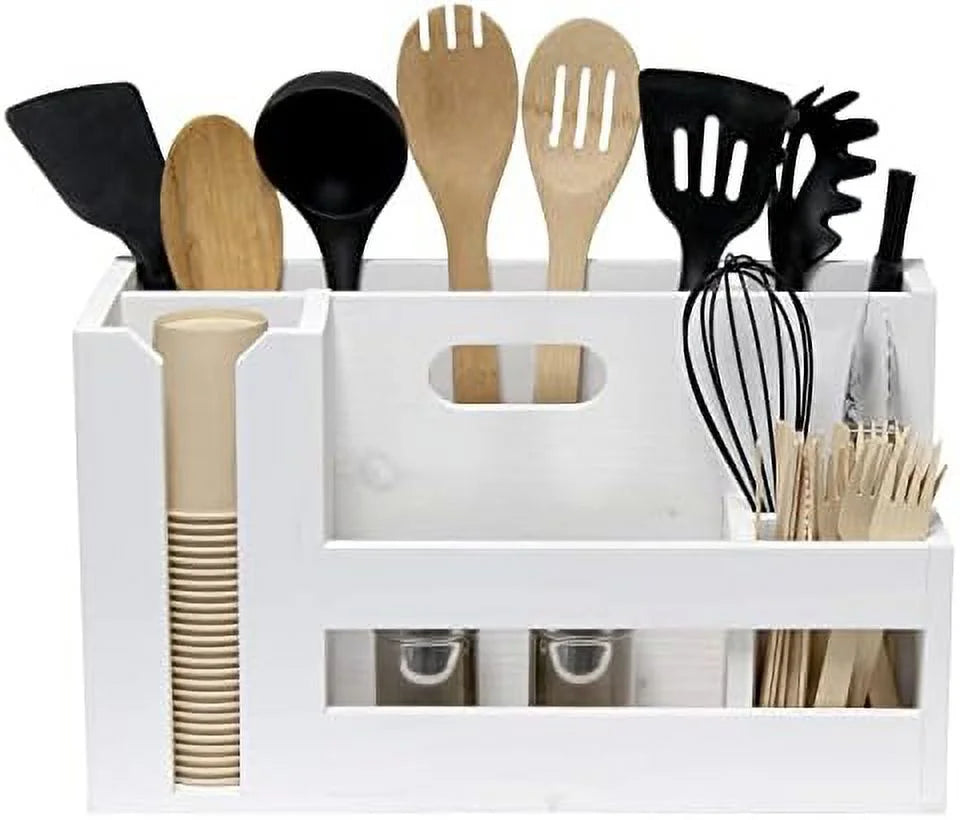 Pantry Picks Farmhouse Wooden Flatware & Utensils Caddy Condiment Organizer W Cutout Handle & Compartments For Kitchen Décor Countertop Breakfast BBQ Events Picnic, Wht Wash