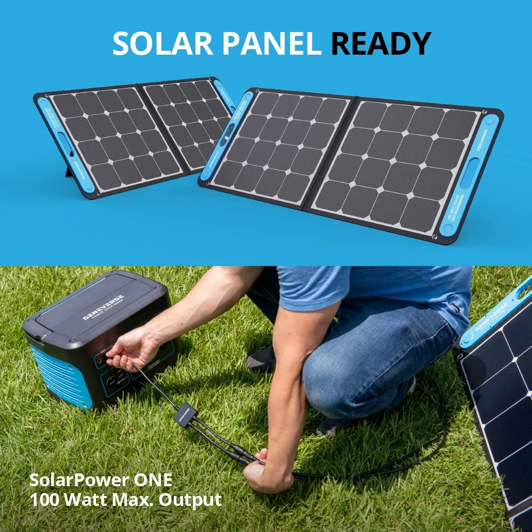 Geneverse 1002Wh (1x2) Solar Generator Bundle: 1X HomePower ONE Portable Power Station (3X 1000W AC Outlets) + 2X 100W Solar Panels. Quiet, Indoor-Safe Backup Battery Power Generator For Home Devices