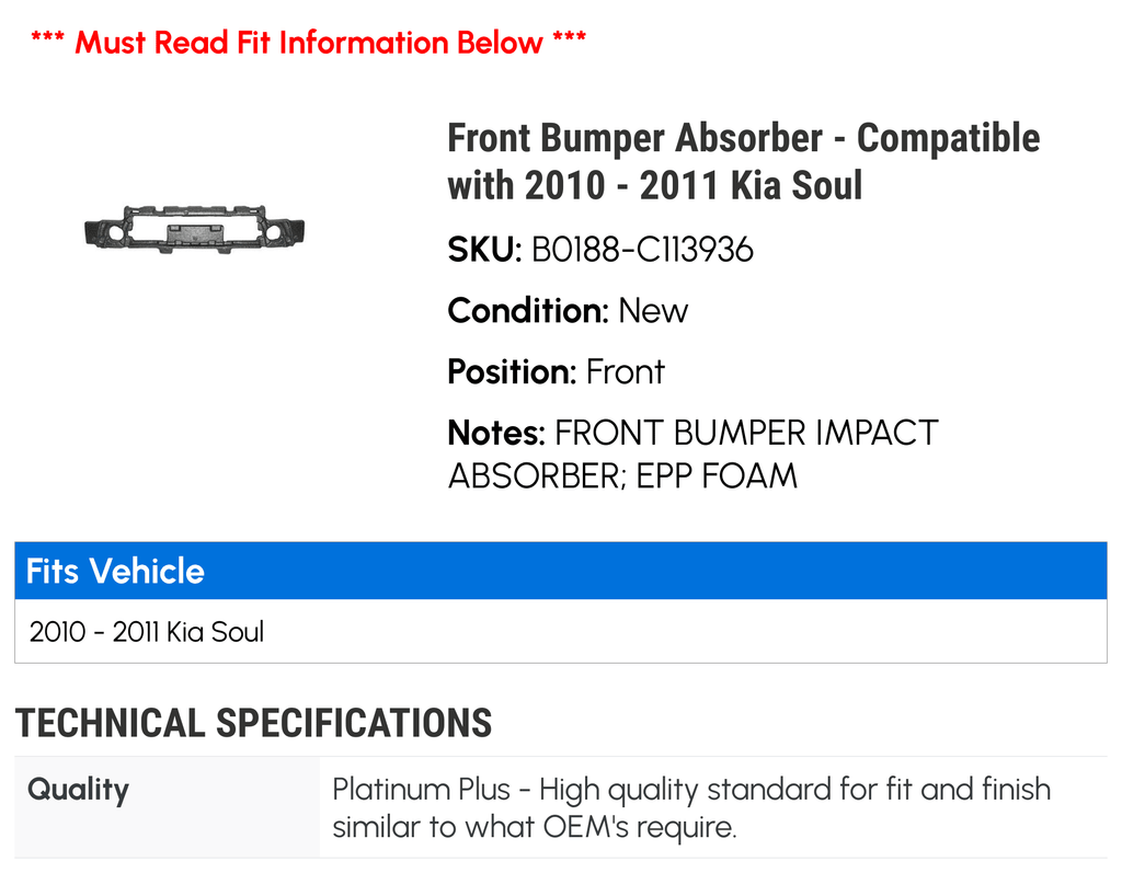 Front Bumper Absorber - Compatible with 2010 - 2011 Kia Soul