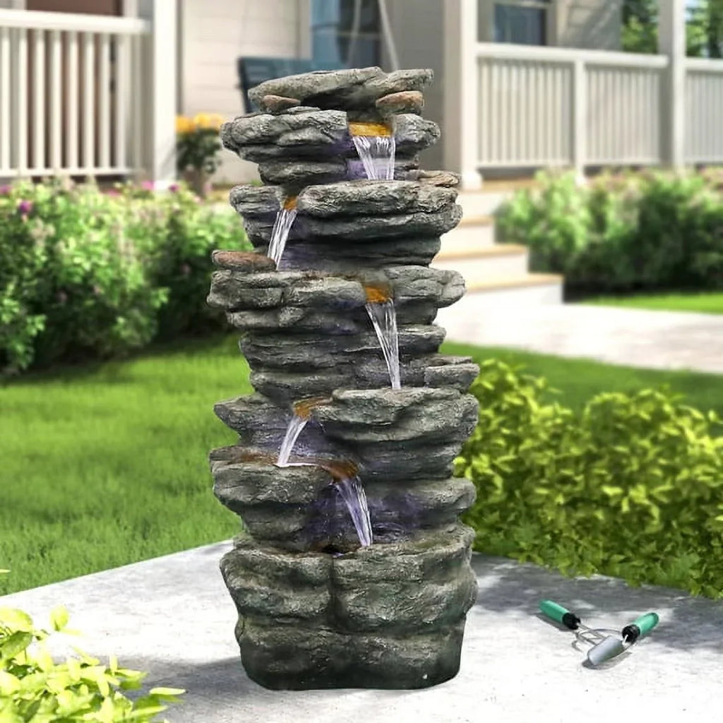 Fithood 40inches High Rocks Outdoor Cascading Waterfall with LED Lights, Soothing Tranquility for Home Garden, Yard Decor