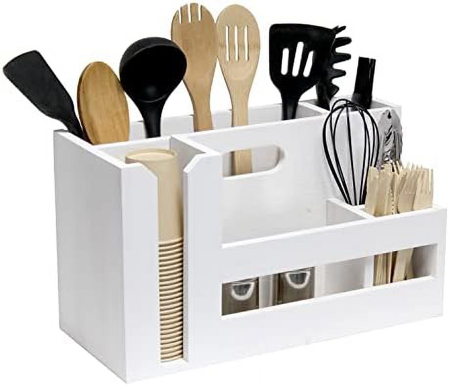 Pantry Picks Farmhouse Wooden Flatware & Utensils Caddy Condiment Organizer W Cutout Handle & Compartments For Kitchen Décor Countertop Breakfast BBQ Events Picnic, Wht Wash