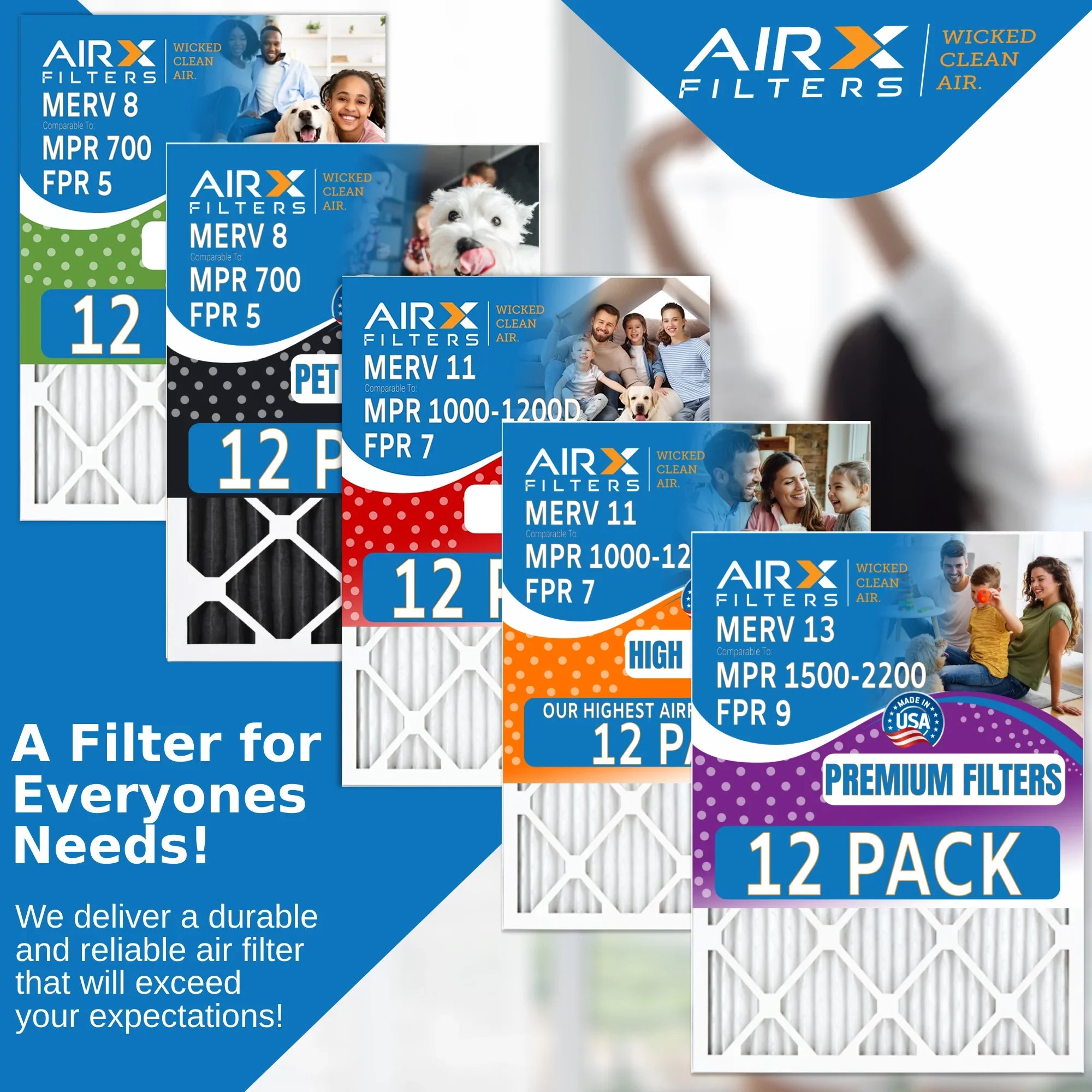 16x25x1 Air Filter MERV 8 Rating, 12 Pack of Furnace Filters Comparable to MPR 700 & FPR 5 - Made in USA by AIRX FILTERS WICKED CLEAN AIR.