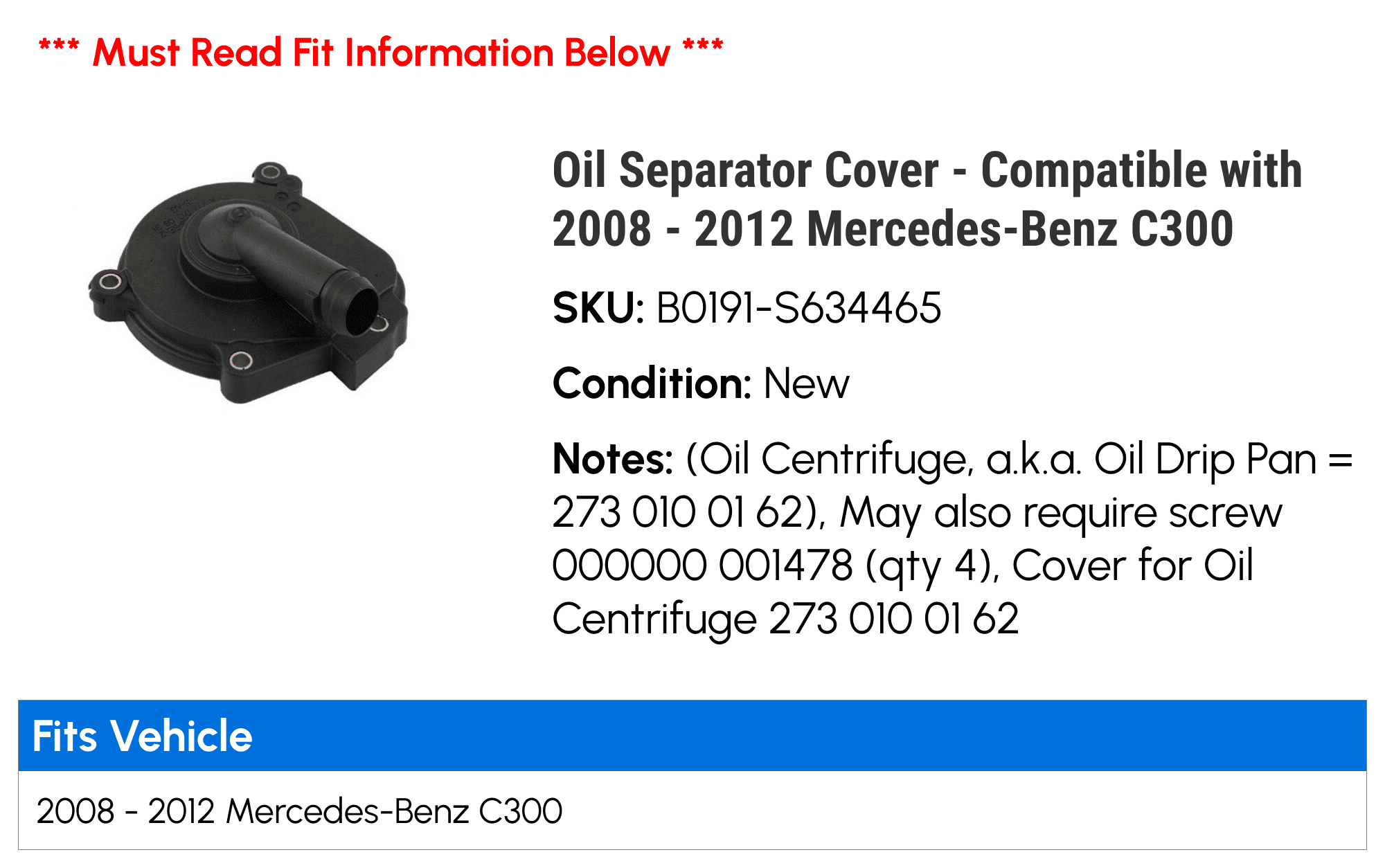 Oil Separator Cover - Compatible with 2008 - 2012 Mercedes-Benz C300 2009 2010 2011