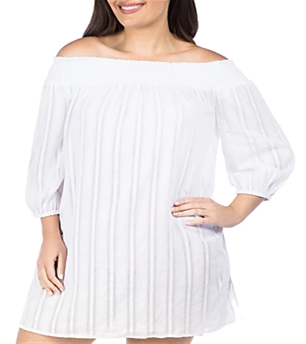 Ralph Lauren Women's Plus Smocked Cover Swim up Tunic White Size 1X