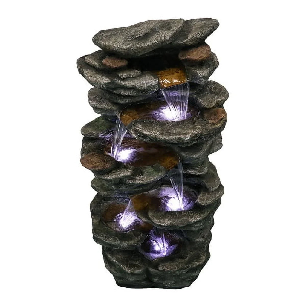 Fithood 40inches High Rocks Outdoor Cascading Waterfall with LED Lights, Soothing Tranquility for Home Garden, Yard Decor