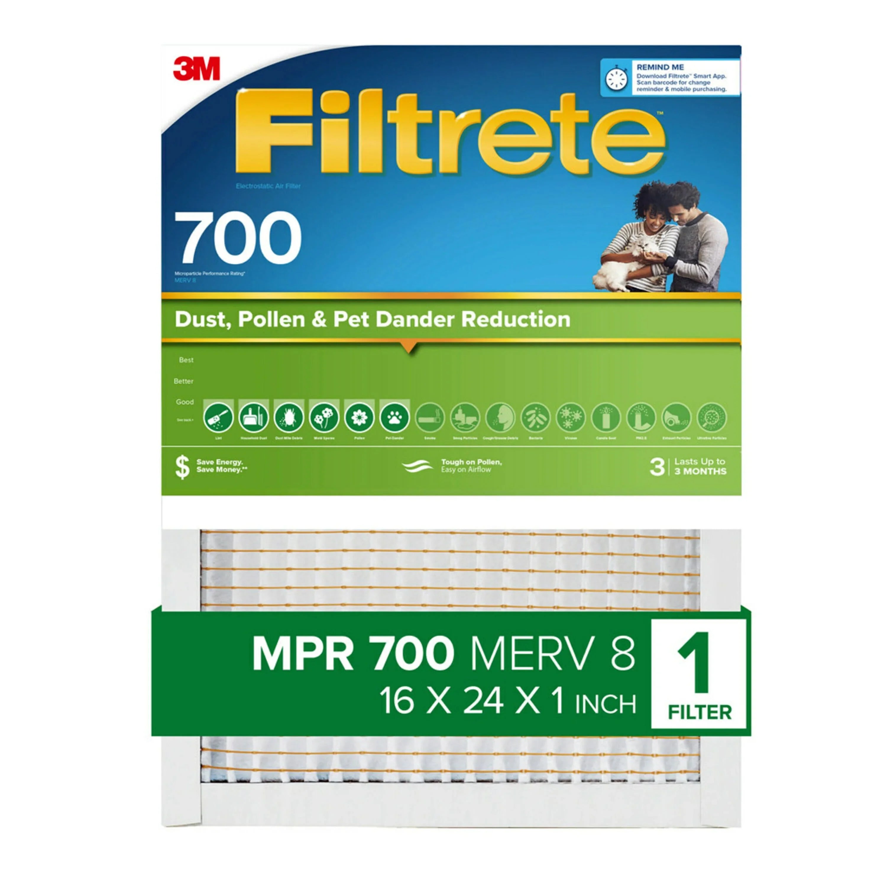 Filtrete 16x24x1 Air Filter, MPR 700 MERV 8, Dust, Pollen, and Pet Dander Reduction, 1 Filter