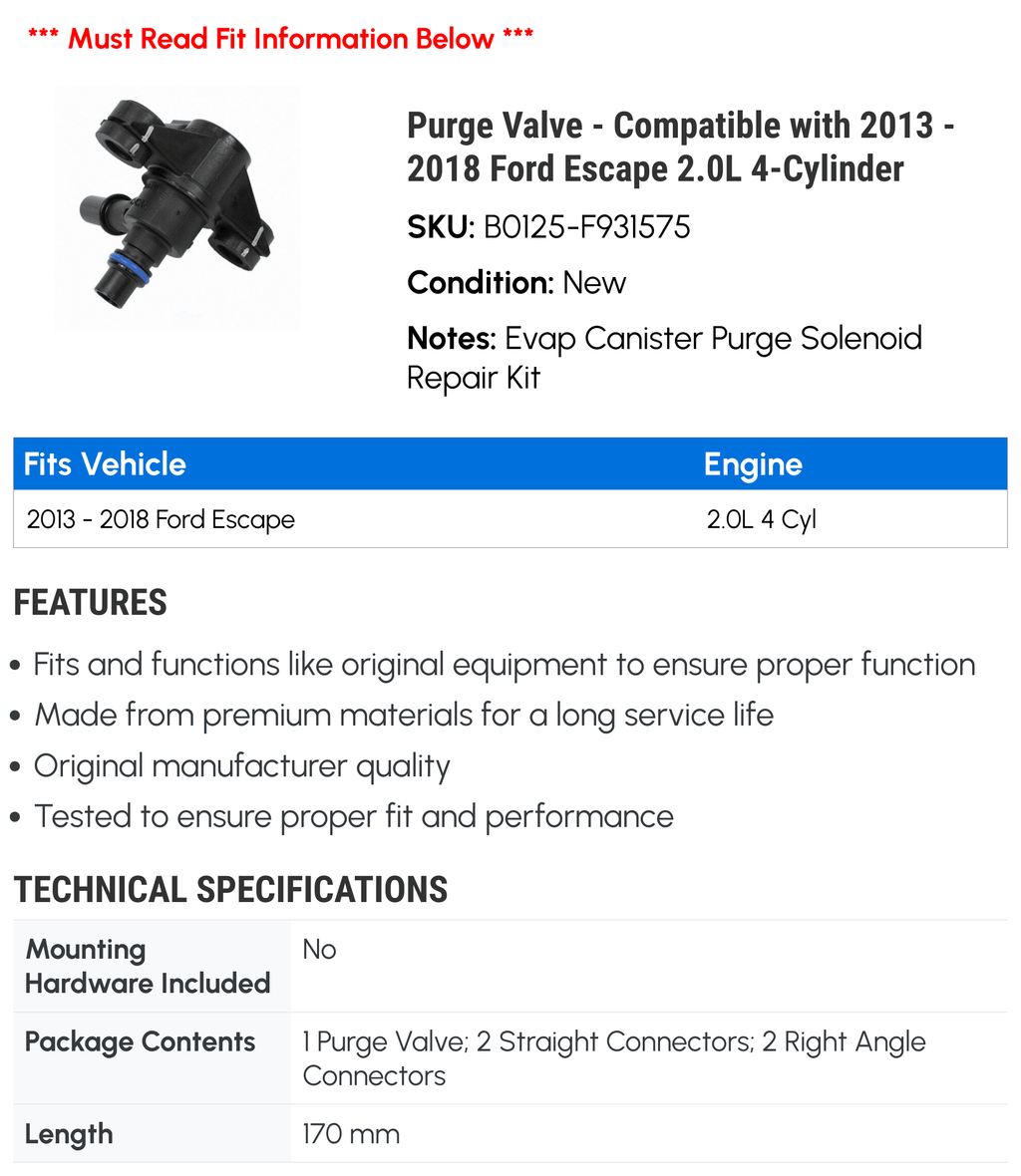 Purge Valve - Compatible with 2013 - 2018 Ford Escape 2.0L 4-Cylinder 2014 2015 2016 2017