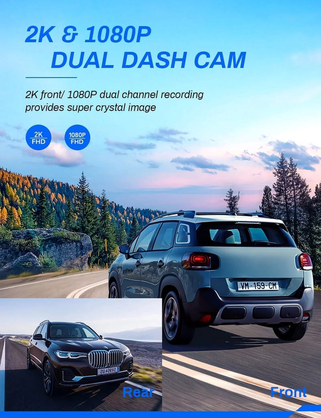 Dash Cam Front and Rear, Crosstour Dash Camera for Cars 2.5K GPS, 3 inch IPS Screen Magnetic Dashboard Recorder 170° Backup Camera