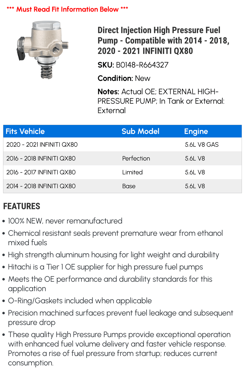 Direct Injection High Pressure Fuel Pump - Compatible with 2014 - 2018, 2020 - 2021 INFINITI QX80 2015 2016 2017