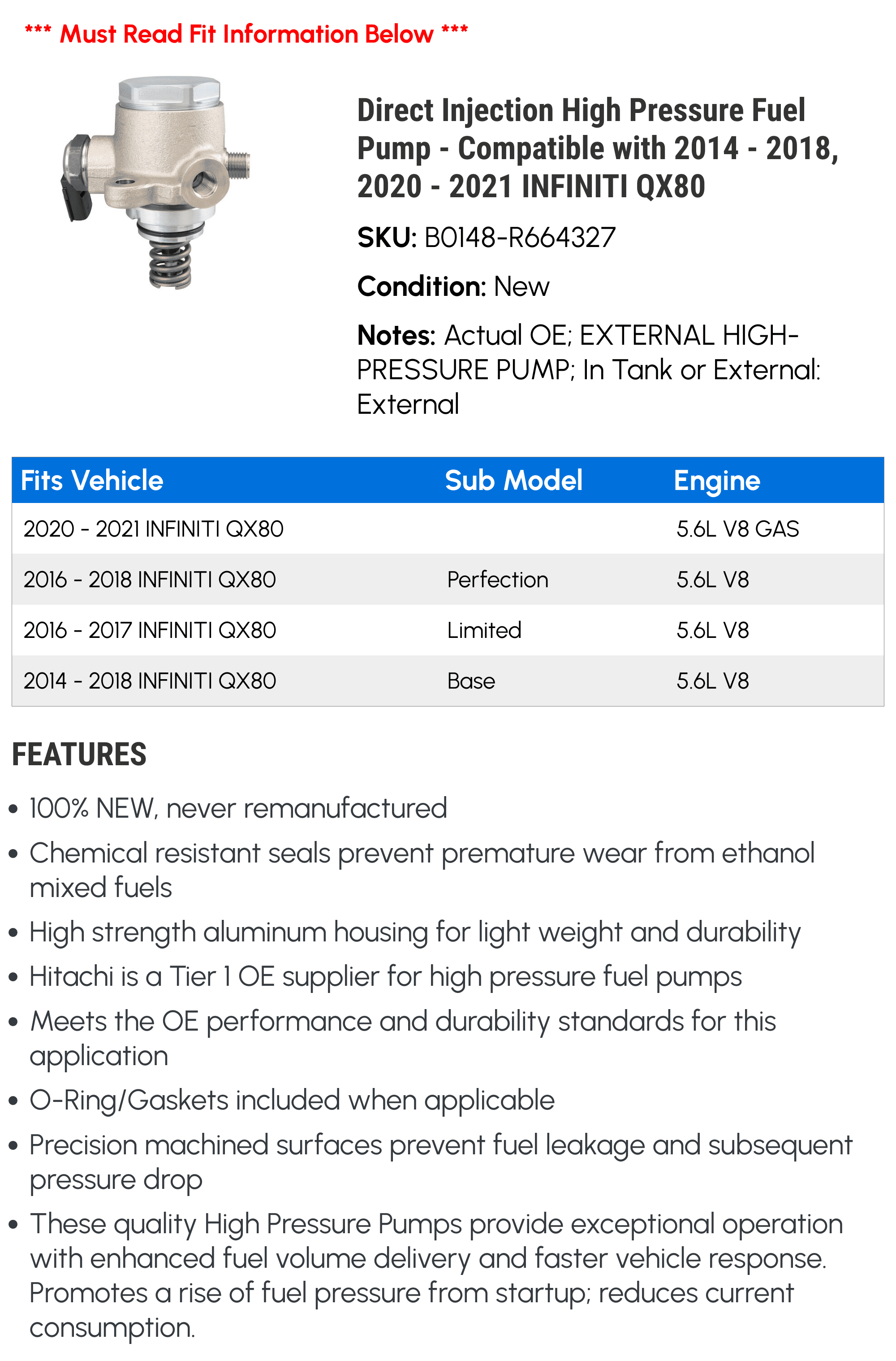 Direct Injection High Pressure Fuel Pump - Compatible with 2014 - 2018, 2020 - 2021 INFINITI QX80 2015 2016 2017