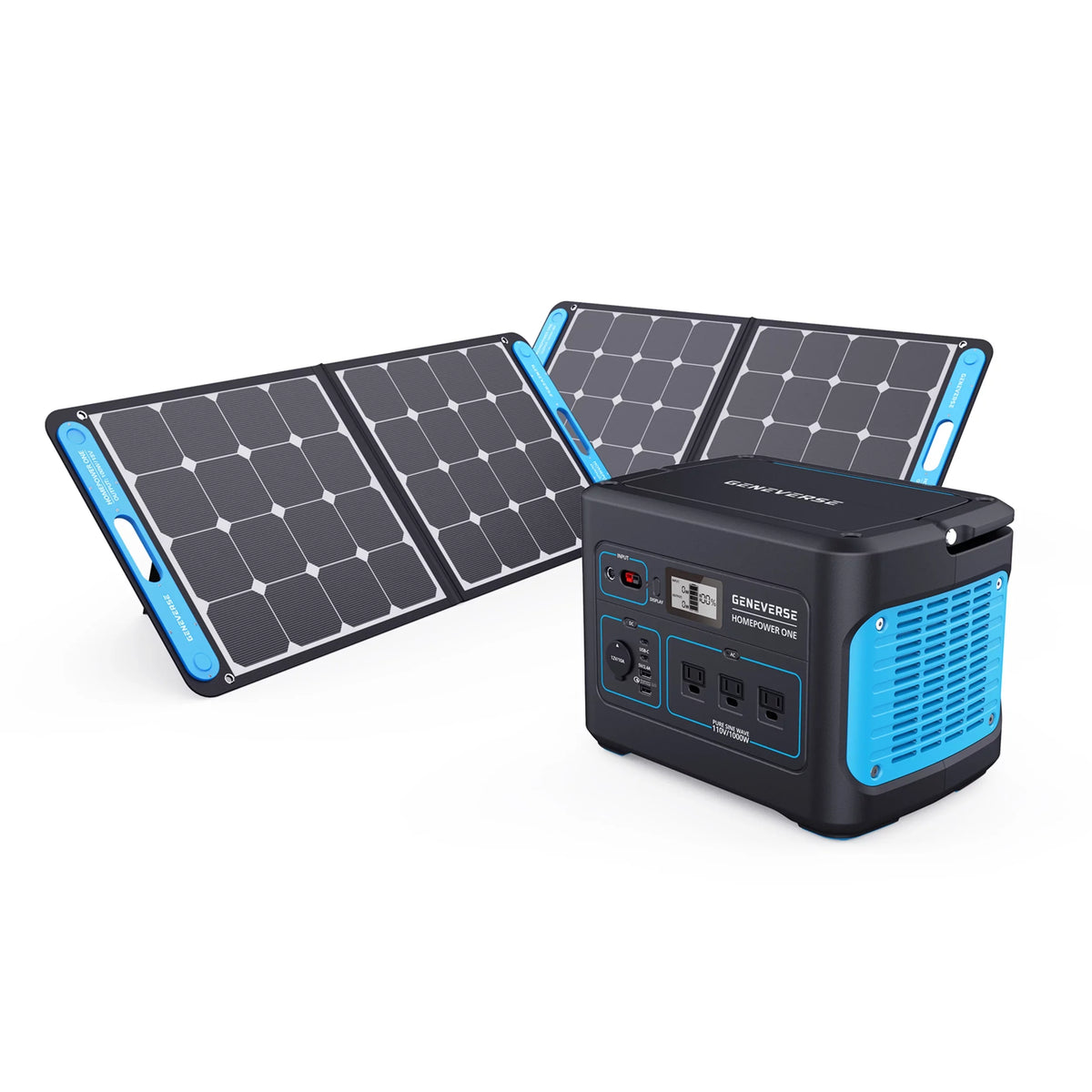 Geneverse 1002Wh (1x2) Solar Generator Bundle: 1X HomePower ONE Portable Power Station (3X 1000W AC Outlets) + 2X 100W Solar Panels. Quiet, Indoor-Safe Backup Battery Power Generator For Home Devices