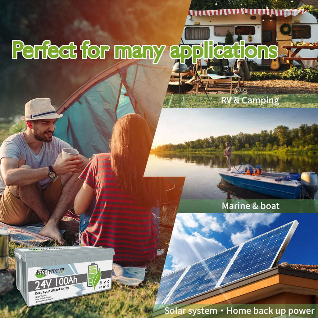 LiFePO4 Battery 24V 100Ah Lithium Batteries with 100A BMS, 4000+ Deep Cycle Rechargeable, Grade A battery Cells, 10-Year Lifetime, for Solar, Marine, Trolling Motor, Boat. 29.2V 8A Charger included