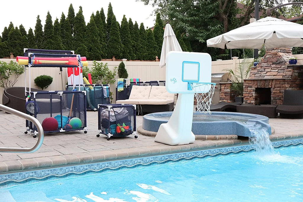 Pool Noodles Holder, Toys, Balls and Floats Equipment Mesh Rolling Storage Organizer Bin, Kids Height, Large, (43" W x 25" L x 28" H), Blue / White Style 563009