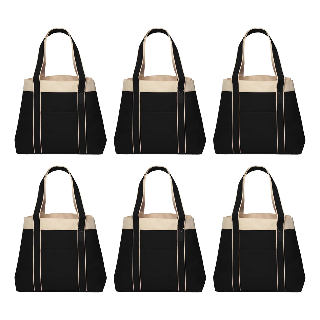 6 Donna Polyester Tote Bags Set - Two Tone, Reinforced Straps, Wide Gusset, Everyday Use - Black