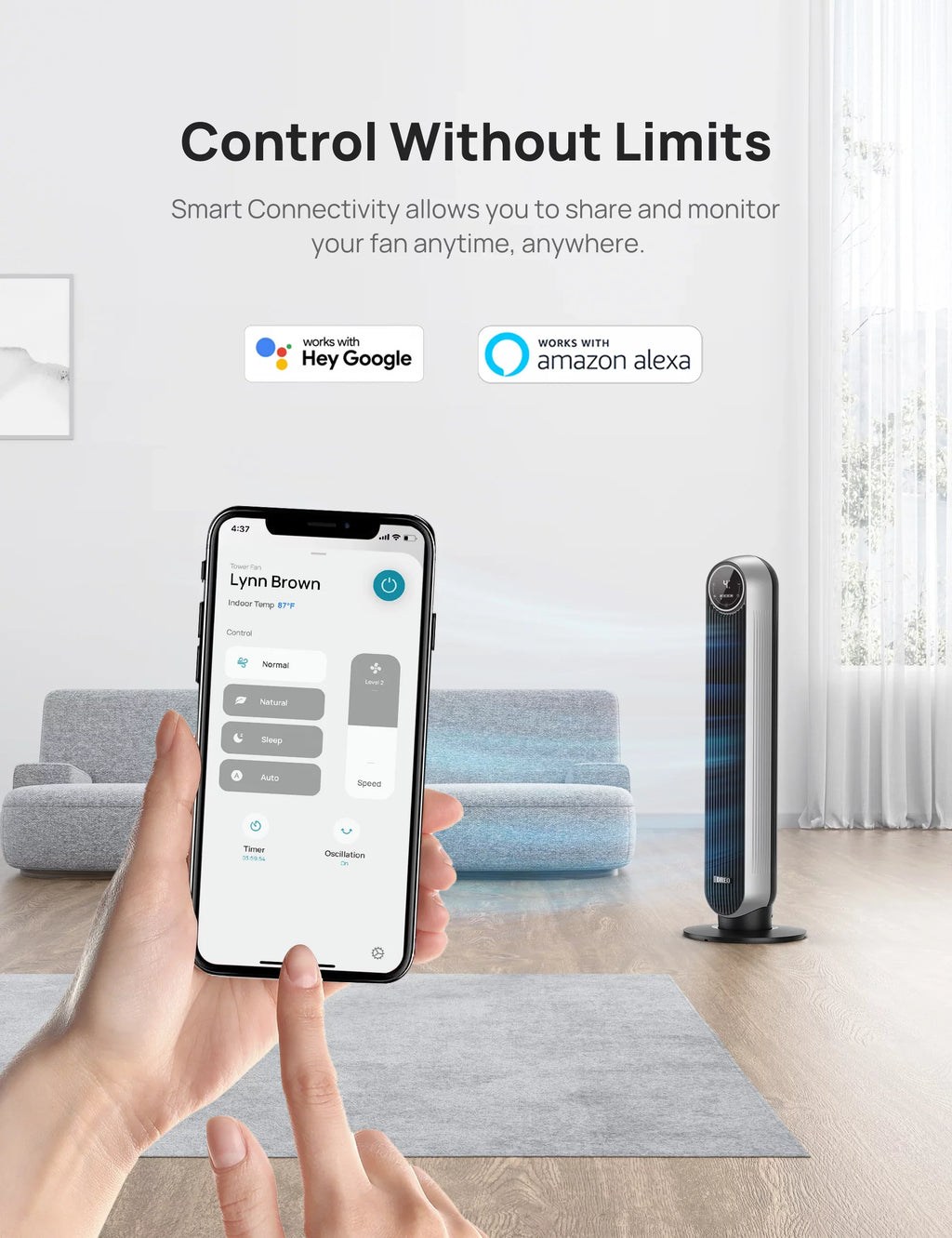 Dreo Tower Fan for Bedroom, Smart Oscillating Quiet Floor Fans, Standing Bladeless Fan with Remote and WiFi Voice Control, 4 Modes, 4 Speeds, 8H Timer, Works with Alexa/Google