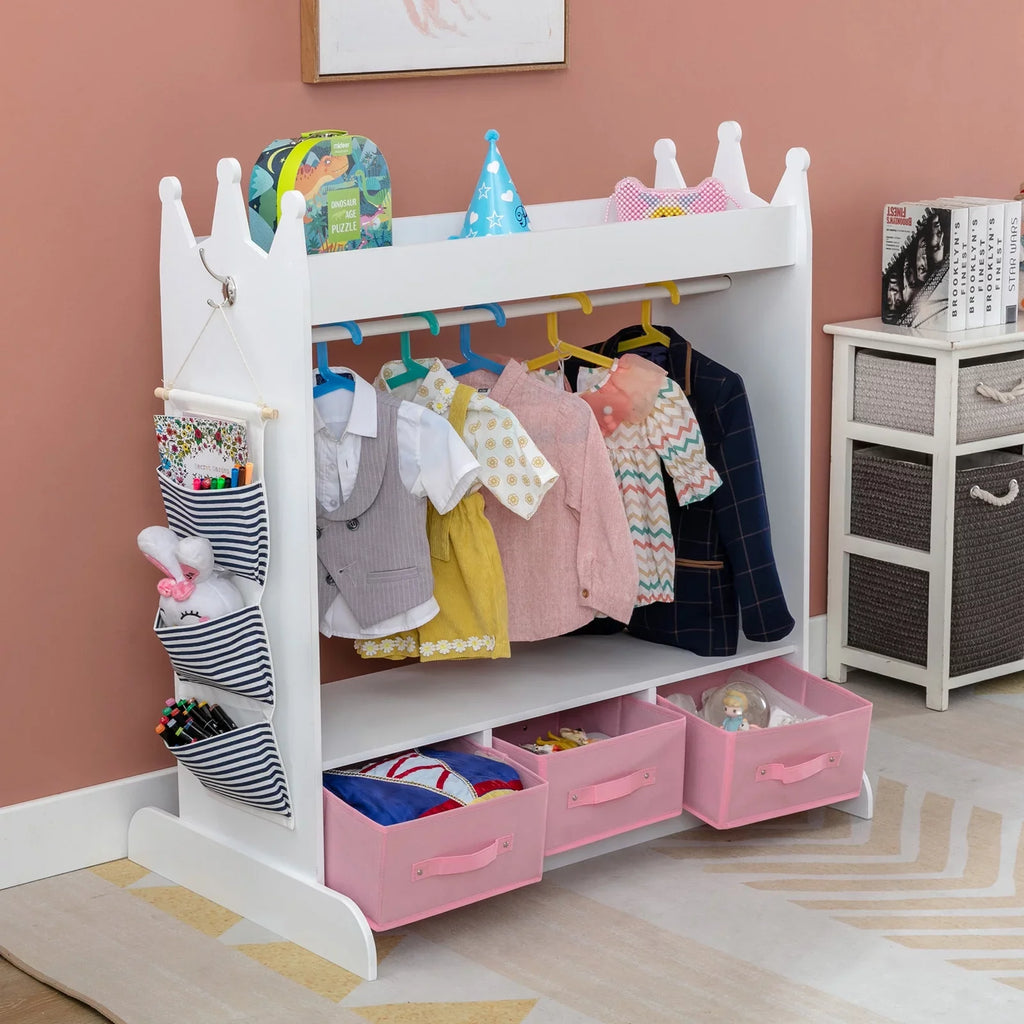 Kid Armoire Lovely White Dress Up Closet Girl Corner Bedroom Wardrobe with Mirror, Side Pocket Top Storage, 3 Drawers