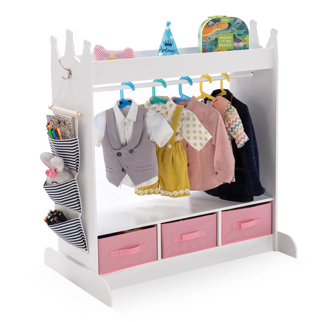 Kid Armoire Lovely White Dress Up Closet Girl Corner Bedroom Wardrobe with Mirror, Side Pocket Top Storage, 3 Drawers