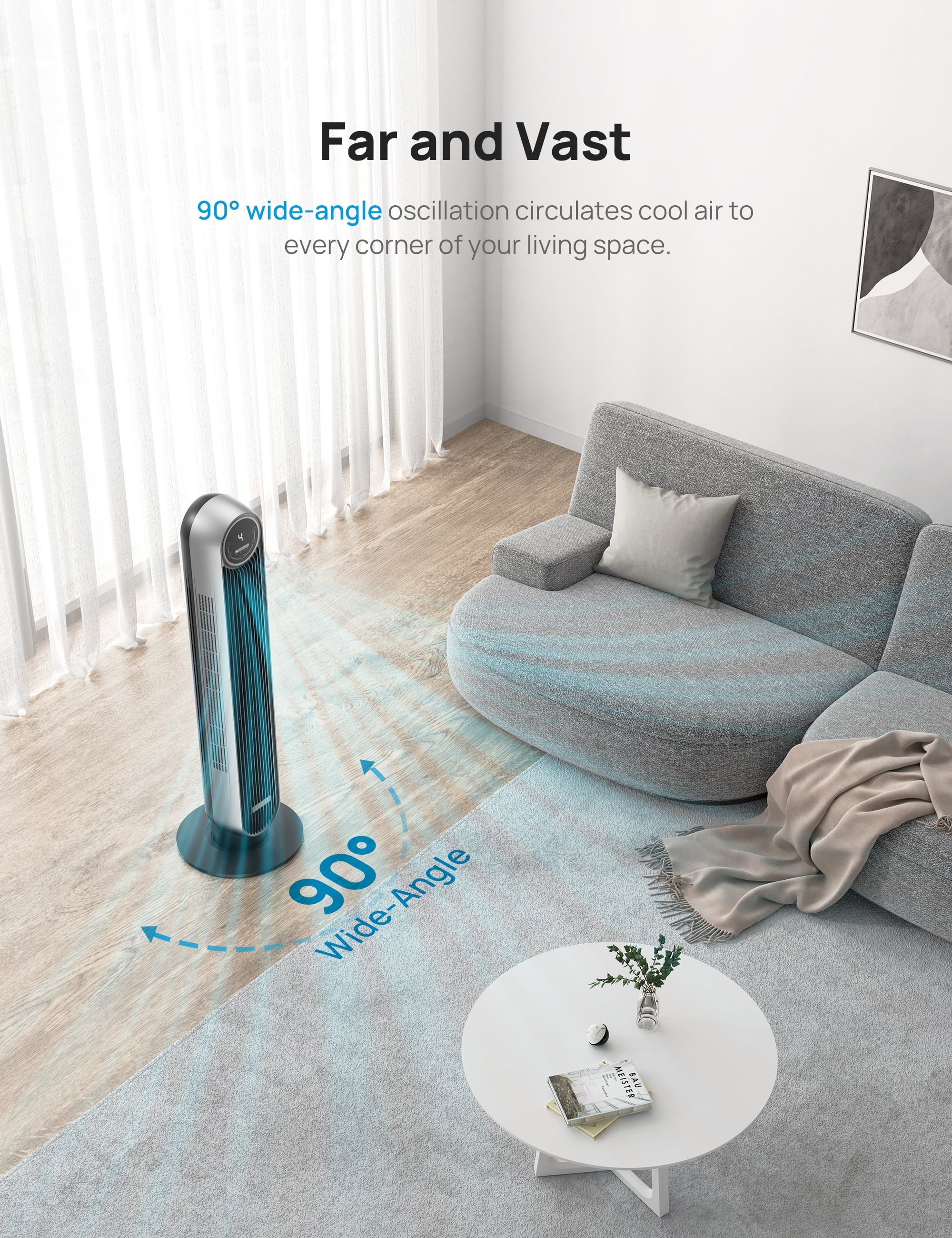 Dreo Tower Fan for Bedroom, Smart Oscillating Quiet Floor Fans, Standing Bladeless Fan with Remote and WiFi Voice Control, 4 Modes, 4 Speeds, 8H Timer, Works with Alexa/Google