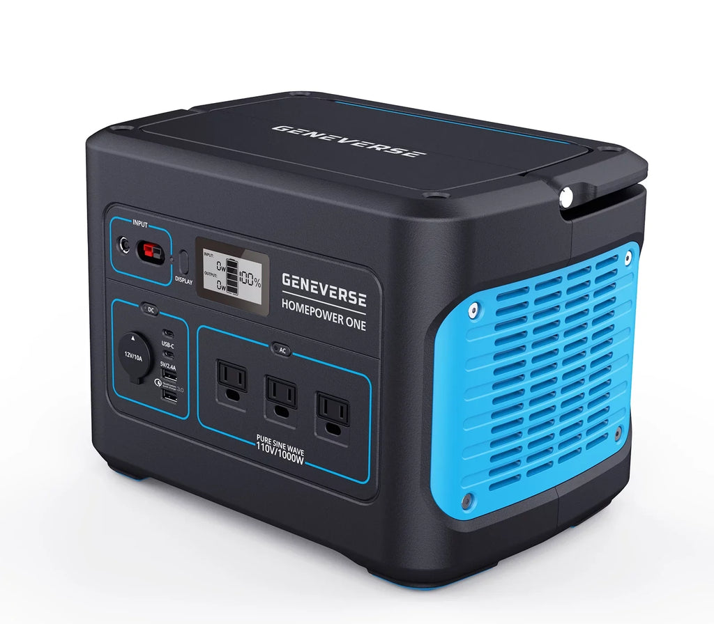 Geneverse 1002Wh (1x2) Solar Generator Bundle: 1X HomePower ONE Portable Power Station (3X 1000W AC Outlets) + 2X 100W Solar Panels. Quiet, Indoor-Safe Backup Battery Power Generator For Home Devices