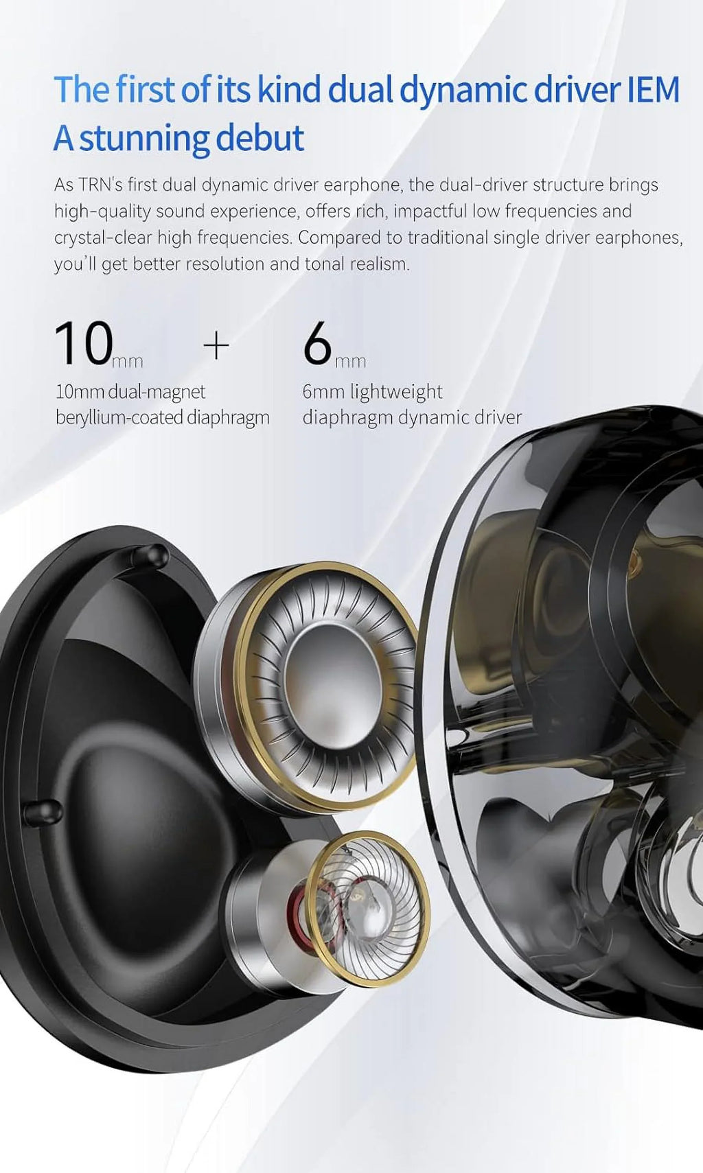 Kinboofi TRN MT4 in Ear Monitor Headphone, 10mm Dual Magnet Dyna Drive Earphone with 4-core Silver-Plated Copper