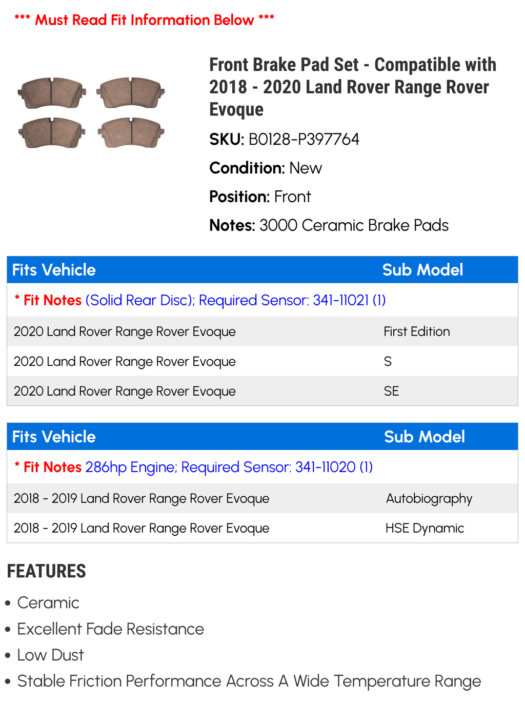 Front Brake Pad Set - Compatible with 2018 - 2020 Land Rover Range Rover Evoque 2019