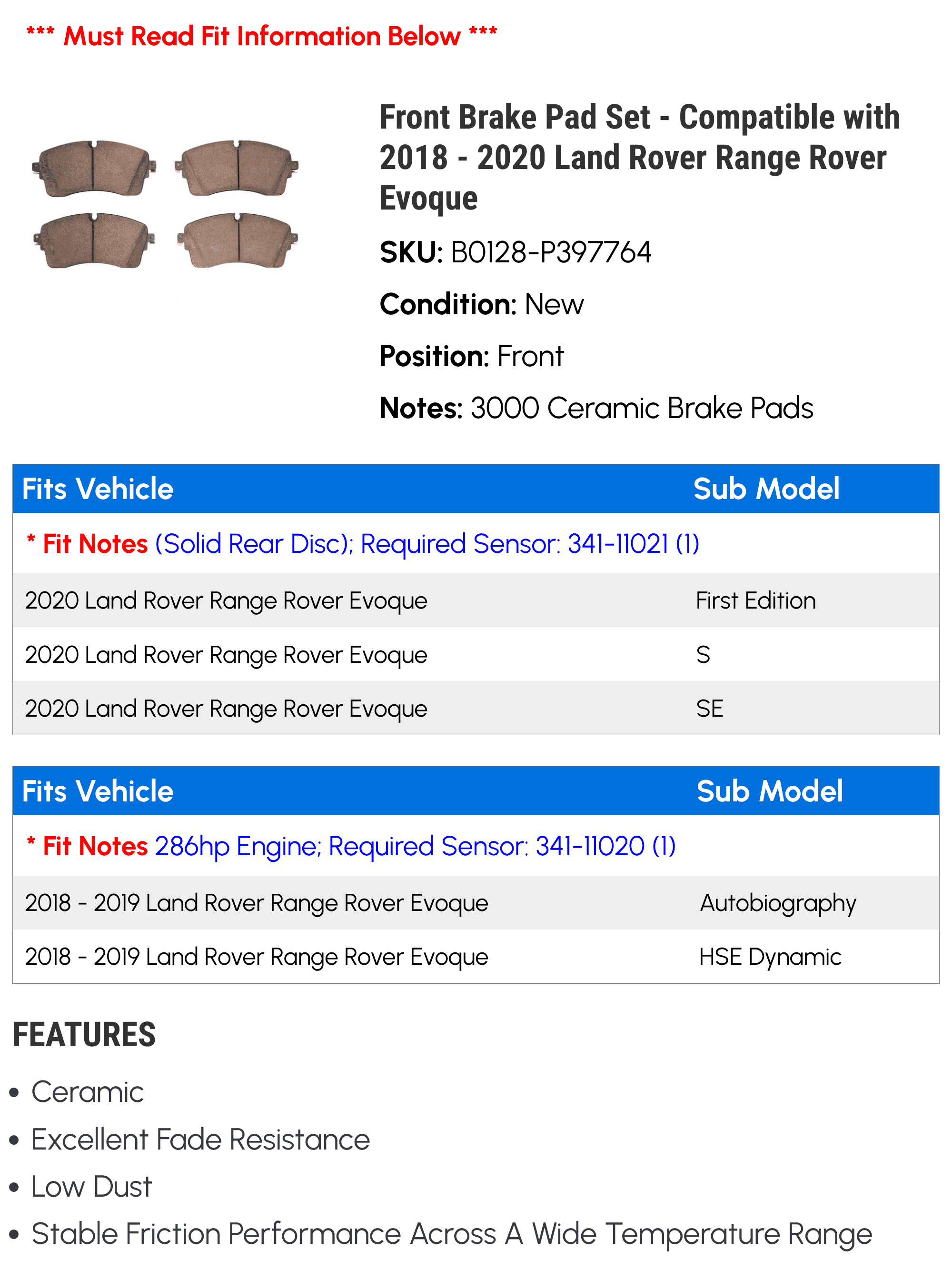 Front Brake Pad Set - Compatible with 2018 - 2020 Land Rover Range Rover Evoque 2019