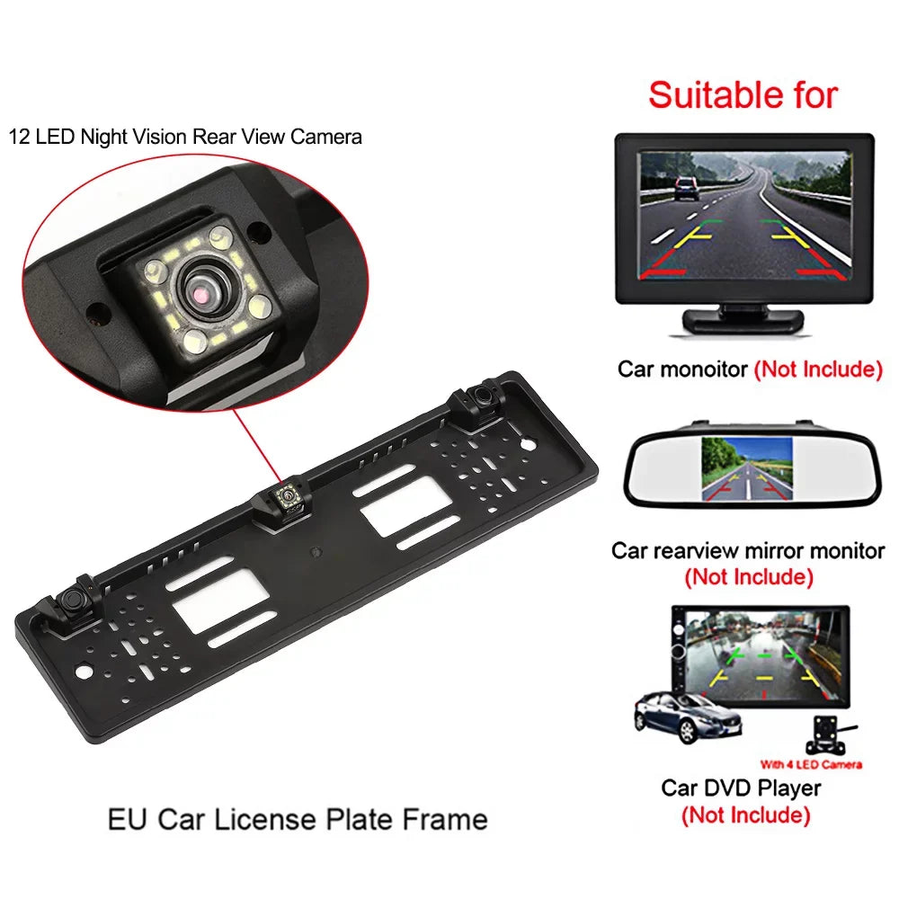 Nebublu Car Backup Camera, European License Plate Frame, 12 LED Rear View Camera, Reversing System, Parking Sensor