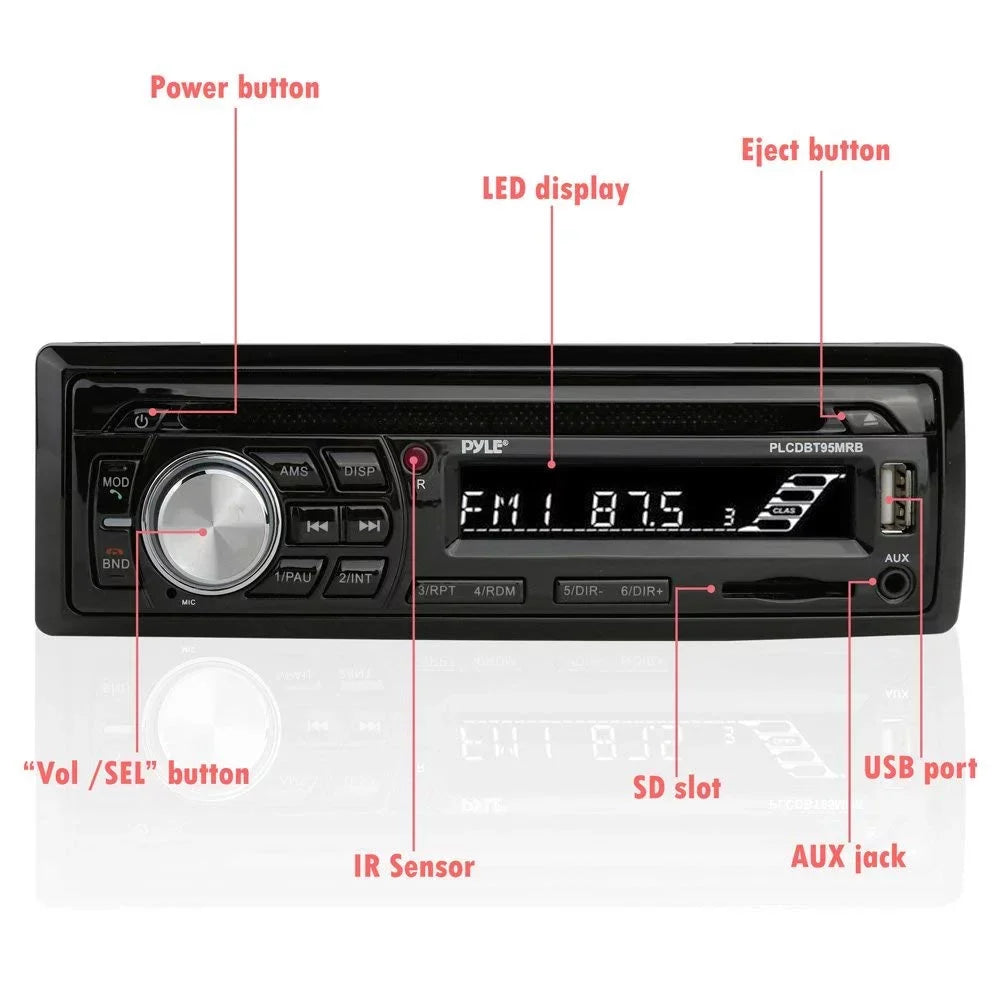 PYLE PLCDBT95MRB - Wireless Bluetooth Marine Audio Stereo - Kit w/Single DIN Universal Size Radio Receiver, Hands-Free Calling, 6.5" Waterproof Speakers, CD Player, MP3/USB/SD Readers & AM/FM Radio