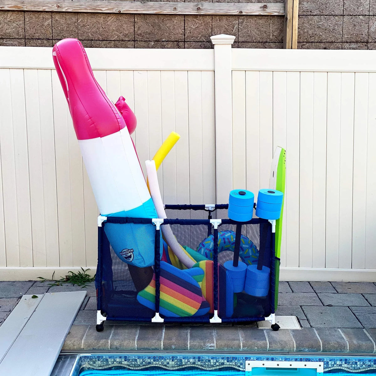 Pool Noodles Holder, Toys, Balls and Floats Equipment Mesh Rolling Storage Organizer Bin, Kids Height, Large, (43" W x 25" L x 28" H), Blue / White Style 563009