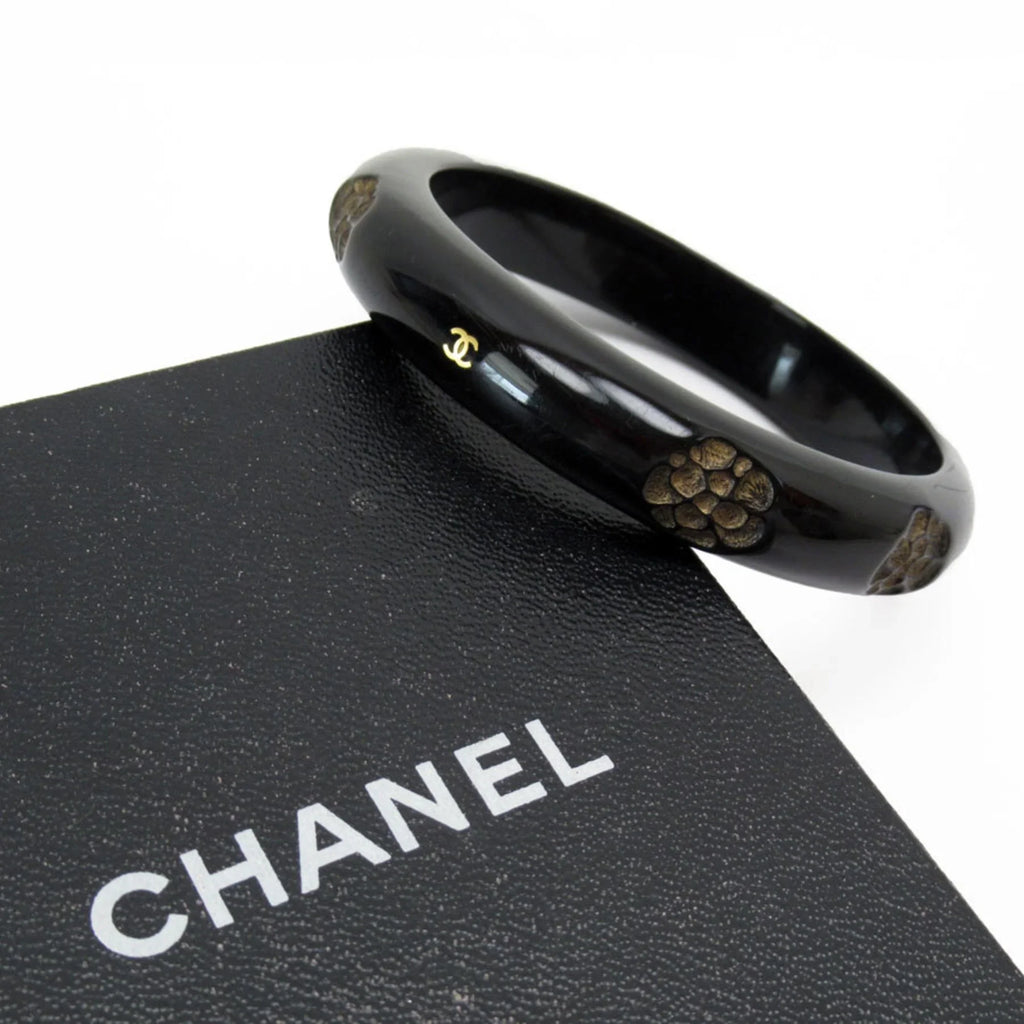 Pre-Owned CHANEL Bangle Bracelet Camellia Coco Mark Wood Black/Beige Women's (Good)