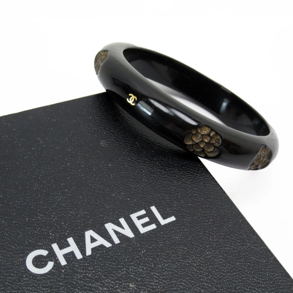 Pre-Owned CHANEL Bangle Bracelet Camellia Coco Mark Wood Black/Beige Women's (Good)