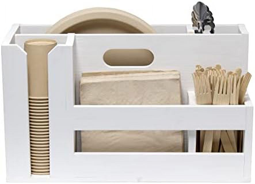 Pantry Picks Farmhouse Wooden Flatware & Utensils Caddy Condiment Organizer W Cutout Handle & Compartments For Kitchen Décor Countertop Breakfast BBQ Events Picnic, Wht Wash