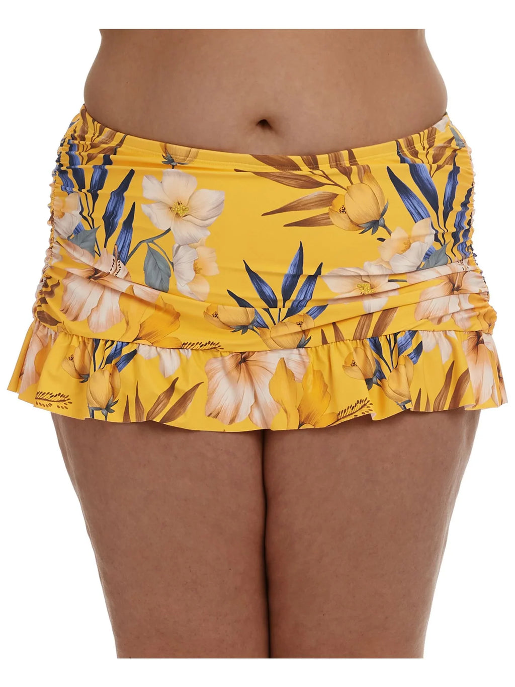 LA BLANCA Women's Yellow Printed Stretch Tummy Control Ruched Sides Lined Moderate Coverage Ruffled Belle Fiore Swim Skirt Swimsuit Bottom 18W