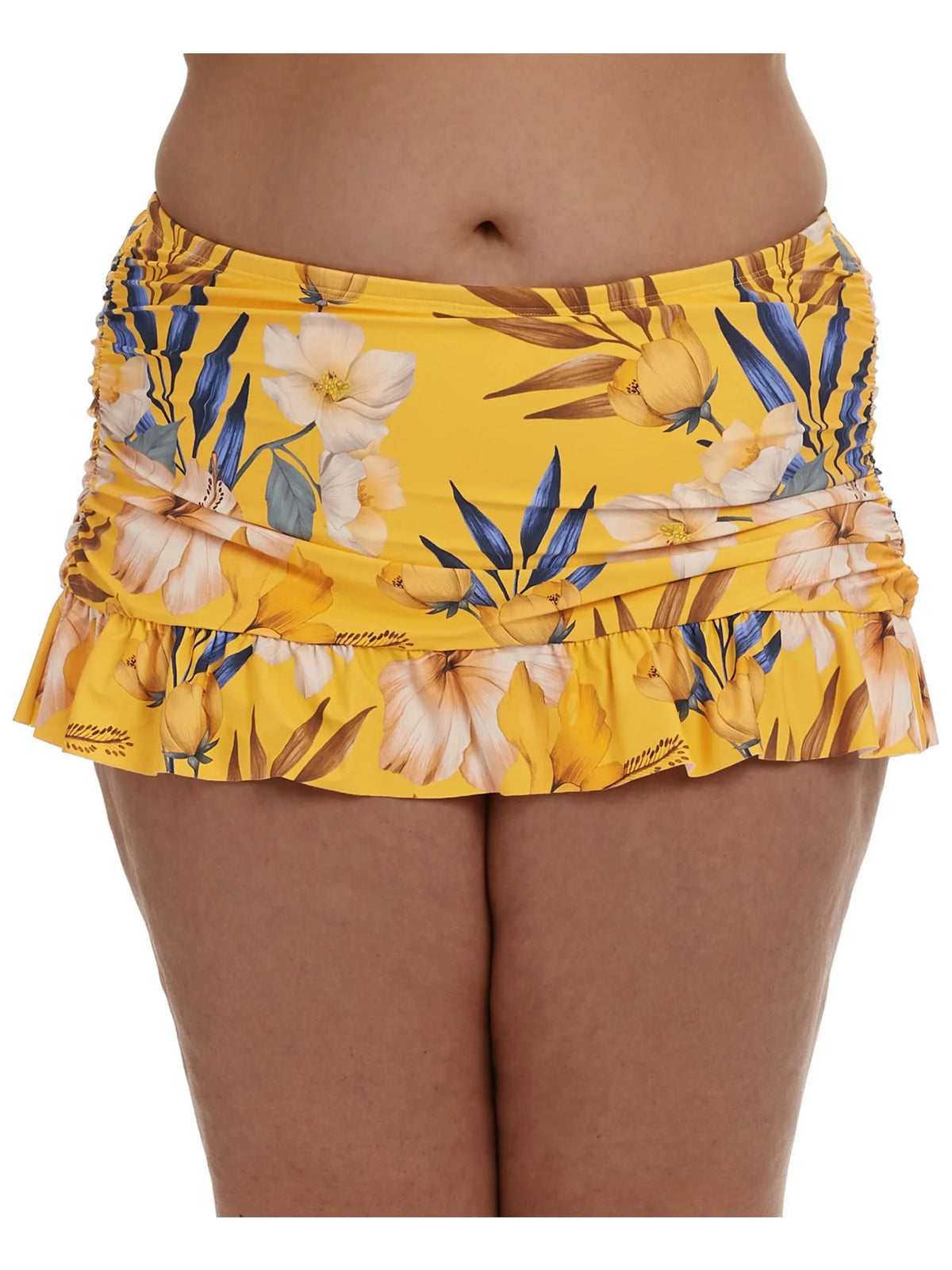LA BLANCA Women's Yellow Printed Stretch Tummy Control Ruched Sides Lined Moderate Coverage Ruffled Belle Fiore Swim Skirt Swimsuit Bottom 18W