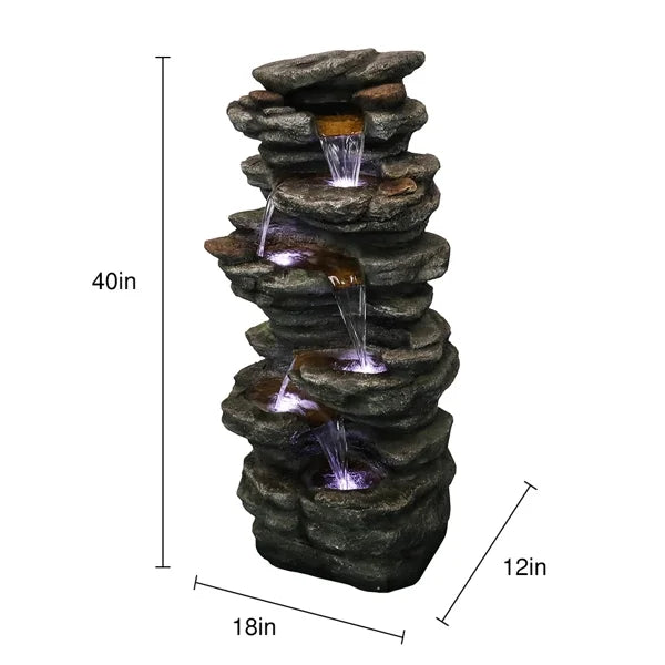 Fithood 40inches High Rocks Outdoor Cascading Waterfall with LED Lights, Soothing Tranquility for Home Garden, Yard Decor