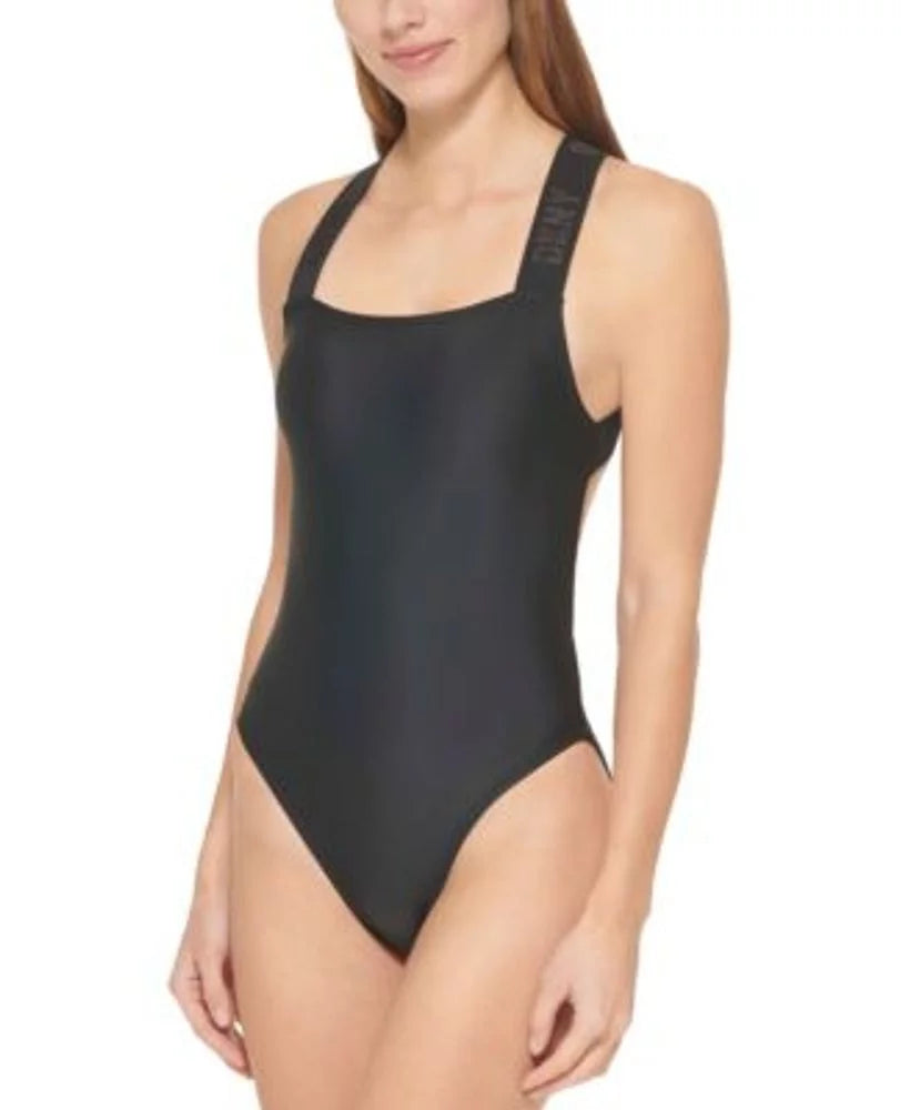 DKNY BLACK Logo Cross-Back One-Piece Swimsuit, US Large