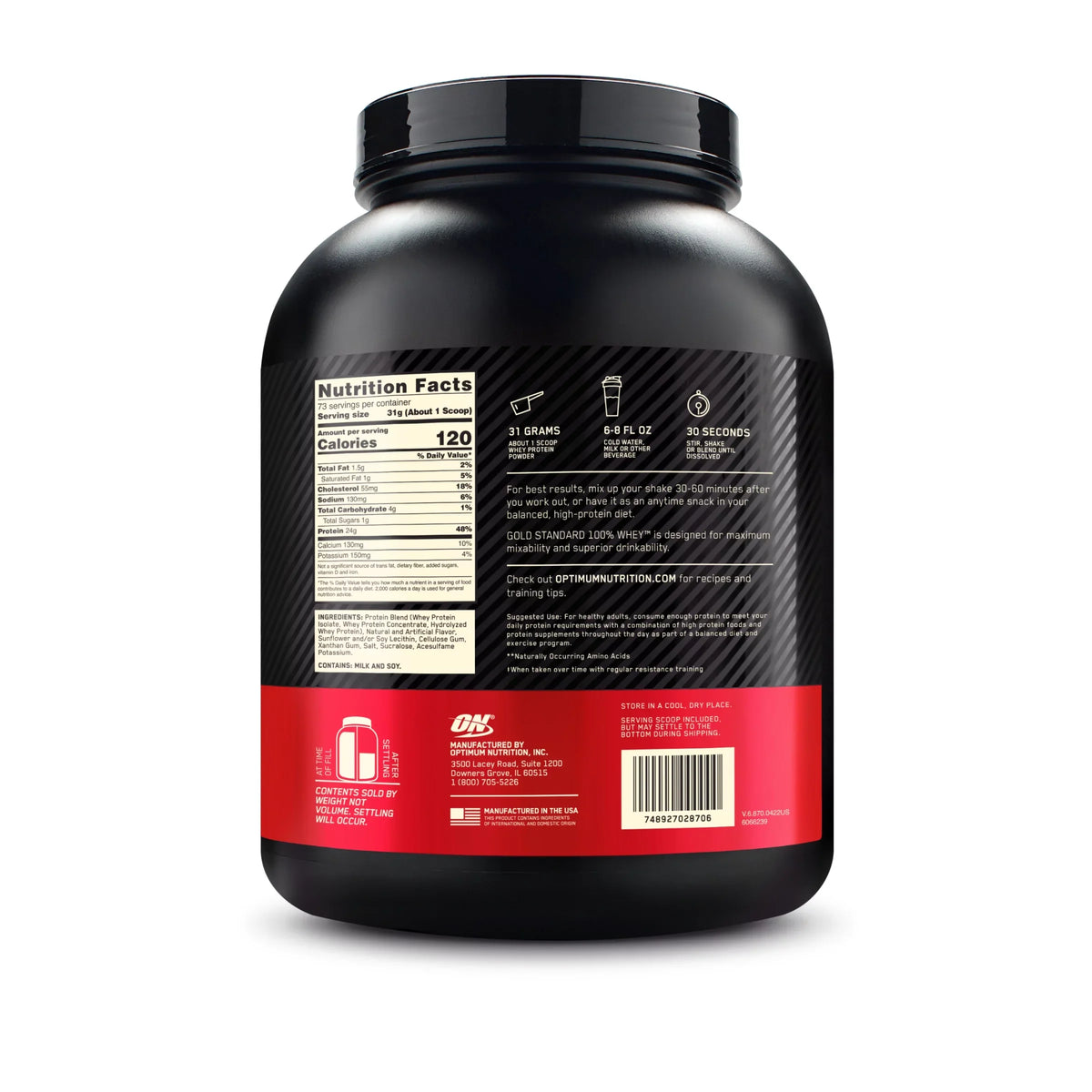 Optimum Nutrition, Gold Standard 100% Whey Protein Powder, Vanilla Ice Cream, 5 lb, 73 Servings
