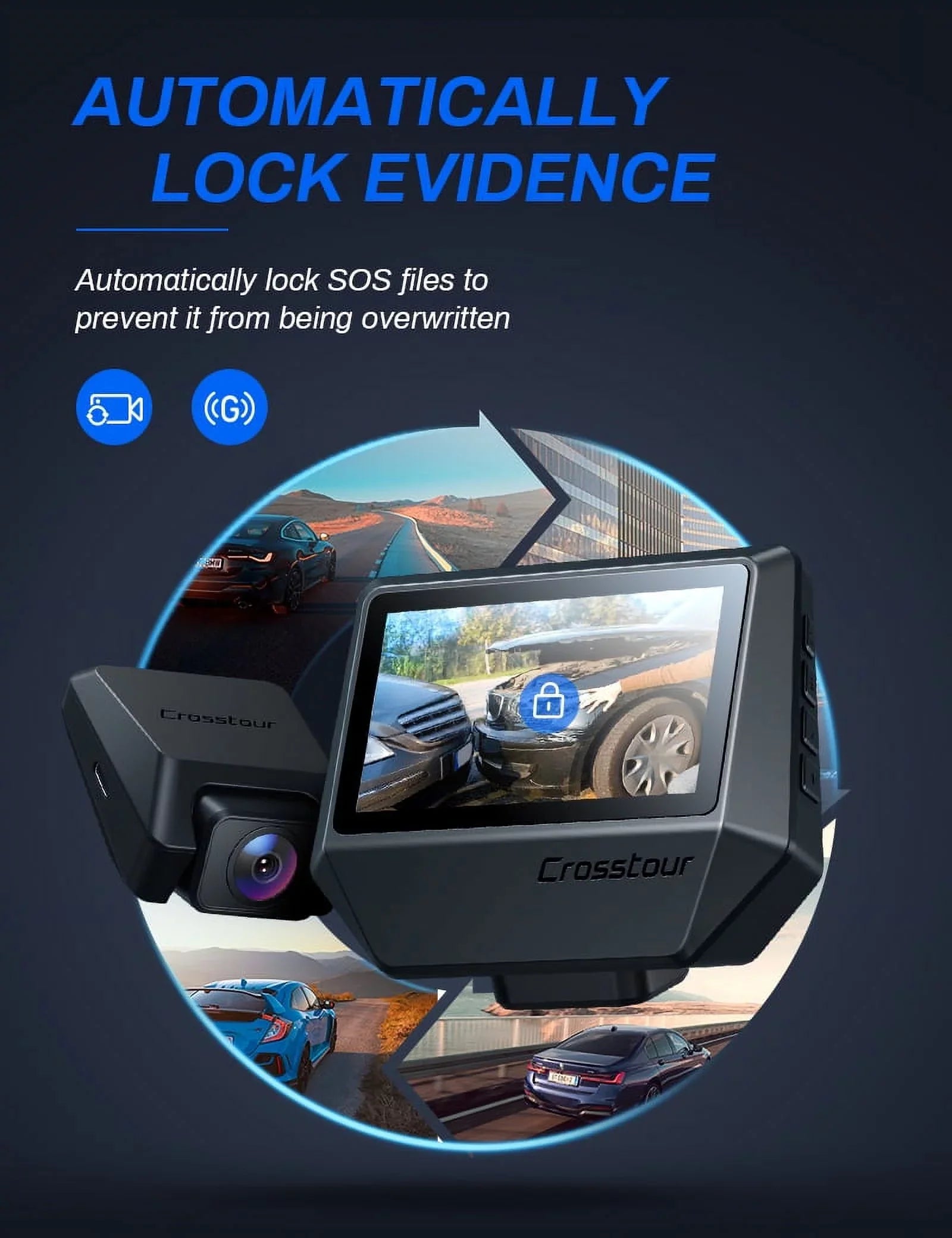 Dash Cam Front and Rear, Crosstour Dash Camera for Cars 2.5K GPS, 3 inch IPS Screen Magnetic Dashboard Recorder 170° Backup Camera