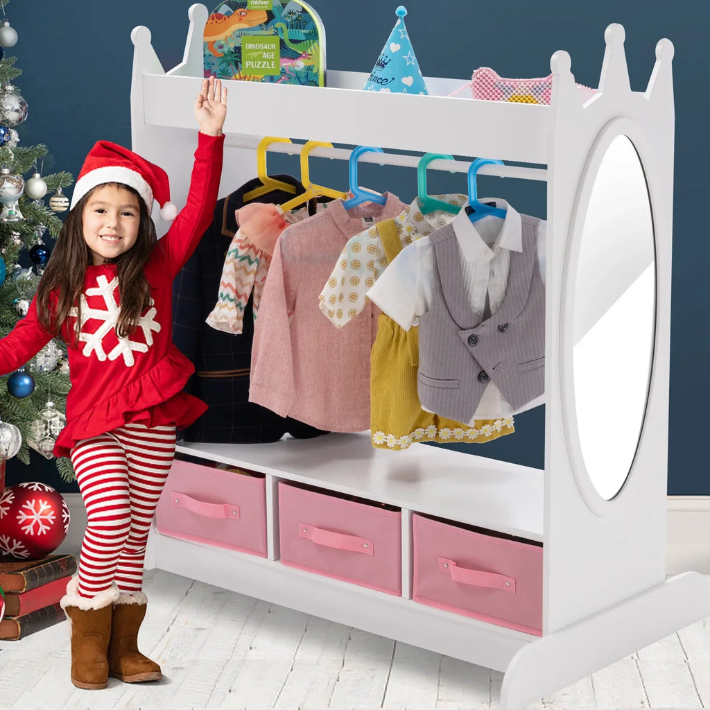 Kid Armoire Lovely White Dress Up Closet Girl Corner Bedroom Wardrobe with Mirror, Side Pocket Top Storage, 3 Drawers