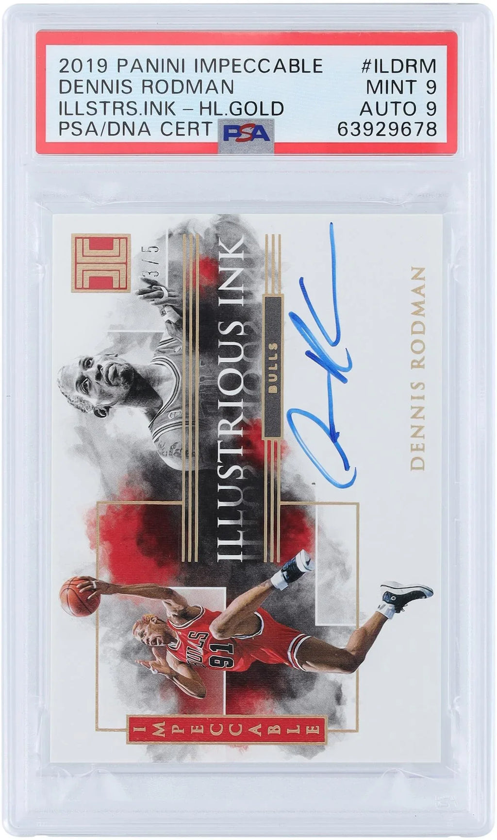Dennis Rodman Chicago Bulls Autographed 2019 Panini Impeccable Gold #IL-DRM #3/5 PSA Authenticated 9/9 Card - Fanatics Authentic Certified