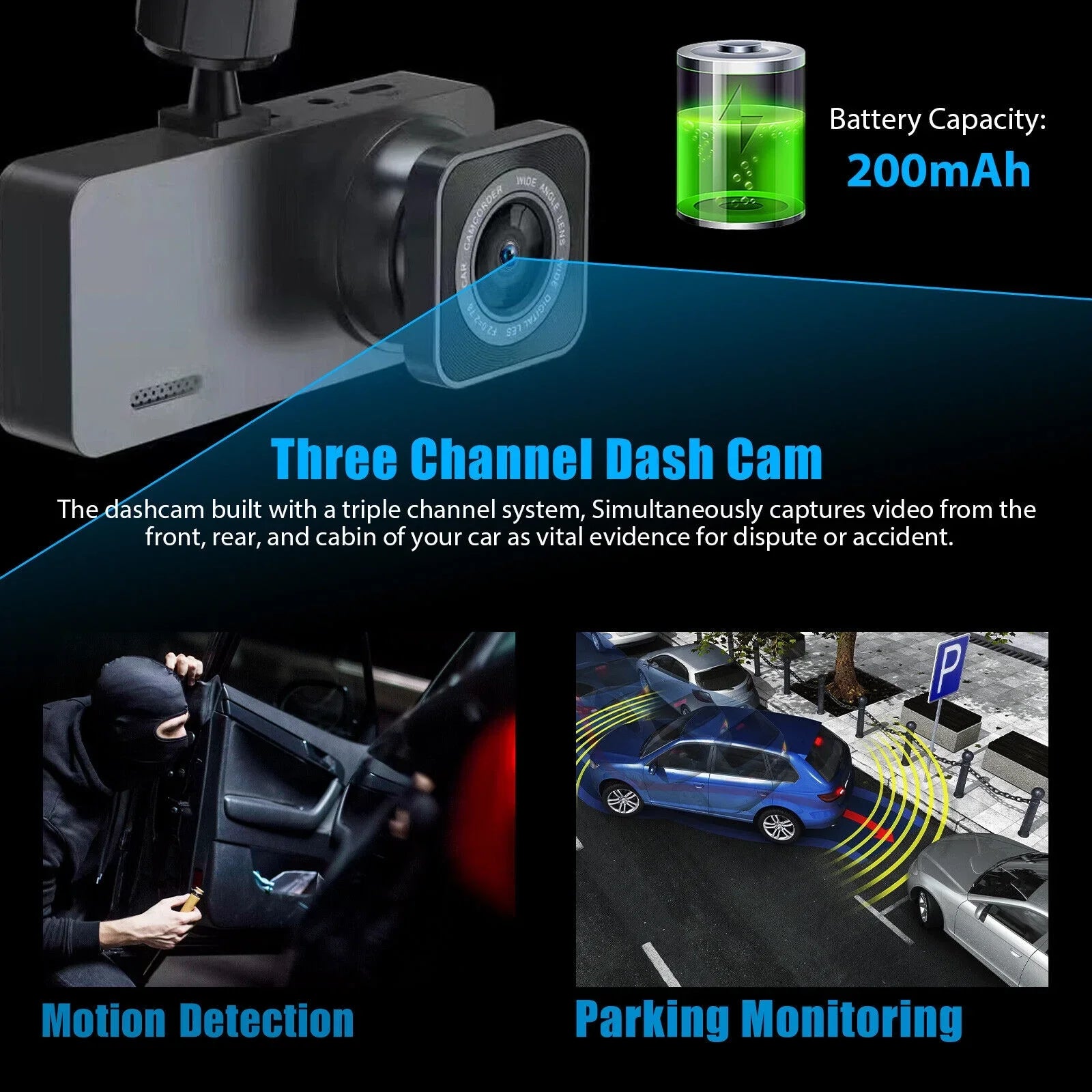 1080P 3 Lens Car DVR Dash Cam Front Rear Inside Camera Video Recorder G-Sensor
