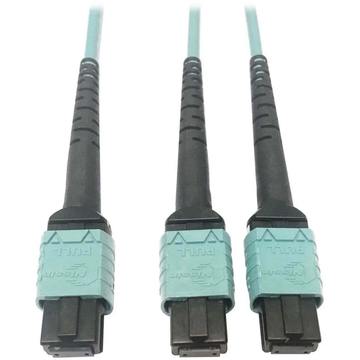 Eaton Tripp Lite Series 400G Multimode 50/125 OM4 Plenum Fiber Optic Cable, 24F MTP/MPO-PC to (x2) 12F MTP/MPO-PC (F/F), Aqua, 1 m