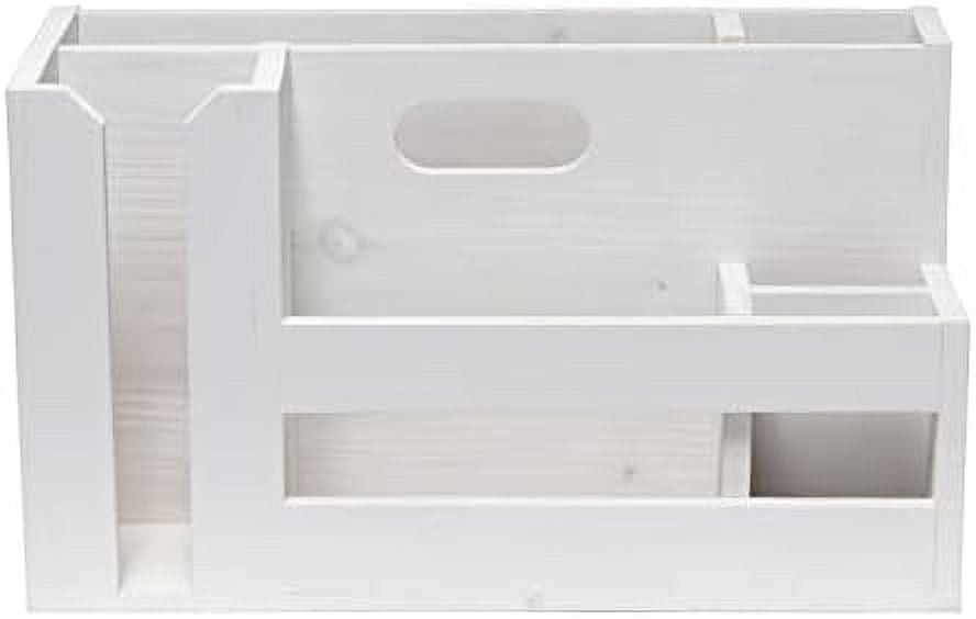 Pantry Picks Farmhouse Wooden Flatware & Utensils Caddy Condiment Organizer W Cutout Handle & Compartments For Kitchen Décor Countertop Breakfast BBQ Events Picnic, Wht Wash