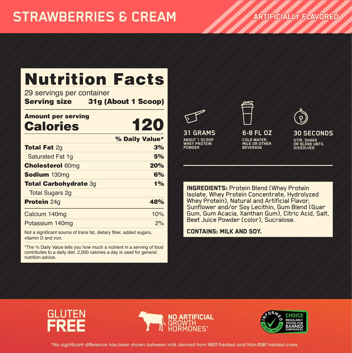 Optimum Nutrition, Gold Standard 100% Whey Protein Powder, 24 g Protein, Strawberries & Cream, 1.98 lb, 29 Servings